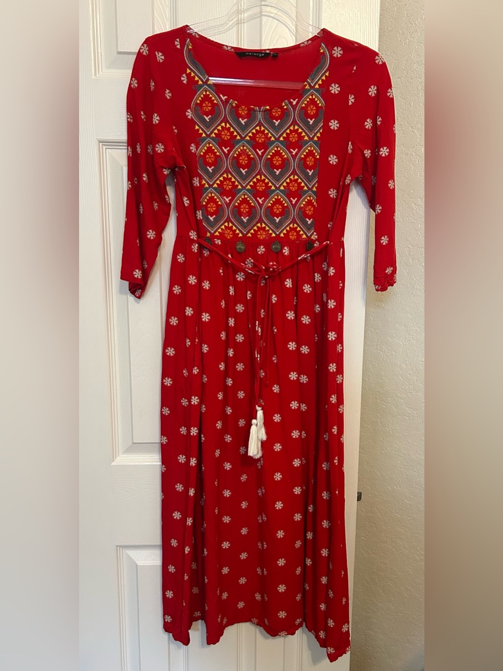 Melange Red Printed Maxi Dress with Tassel Waist